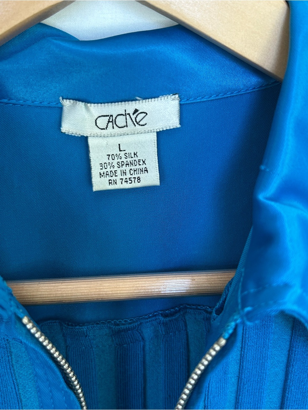 Vintage Caché Y2K Blue Silk-Blend Ribbed Zip-Up Collared Long Sleeve Top Size L - Picture 3 of 11